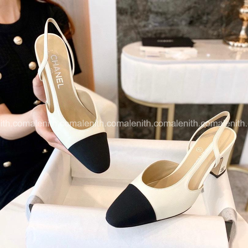 White Lambskin with Black Toe High Heel Slingback